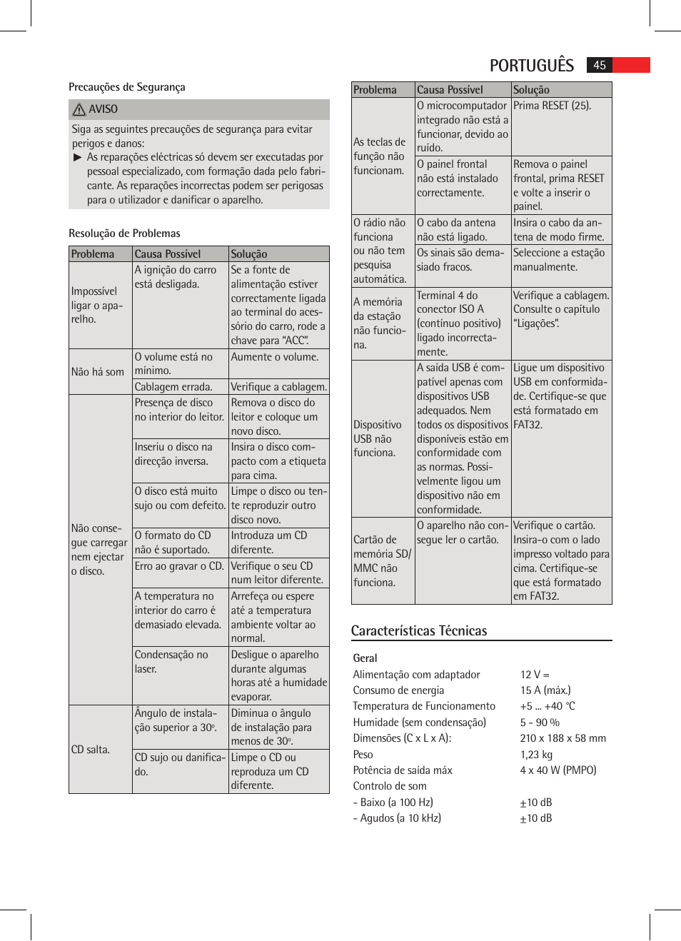 Português, Características técnicas | AEG AR 4020 User Manual | Page 45 / 90