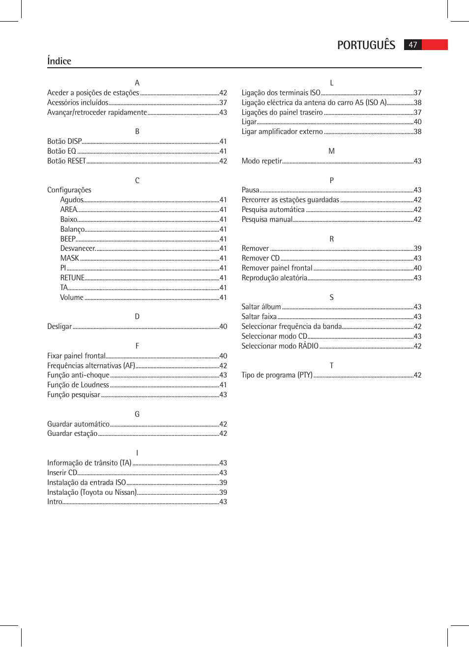 Português, Índice | AEG AR 4020 User Manual | Page 47 / 90