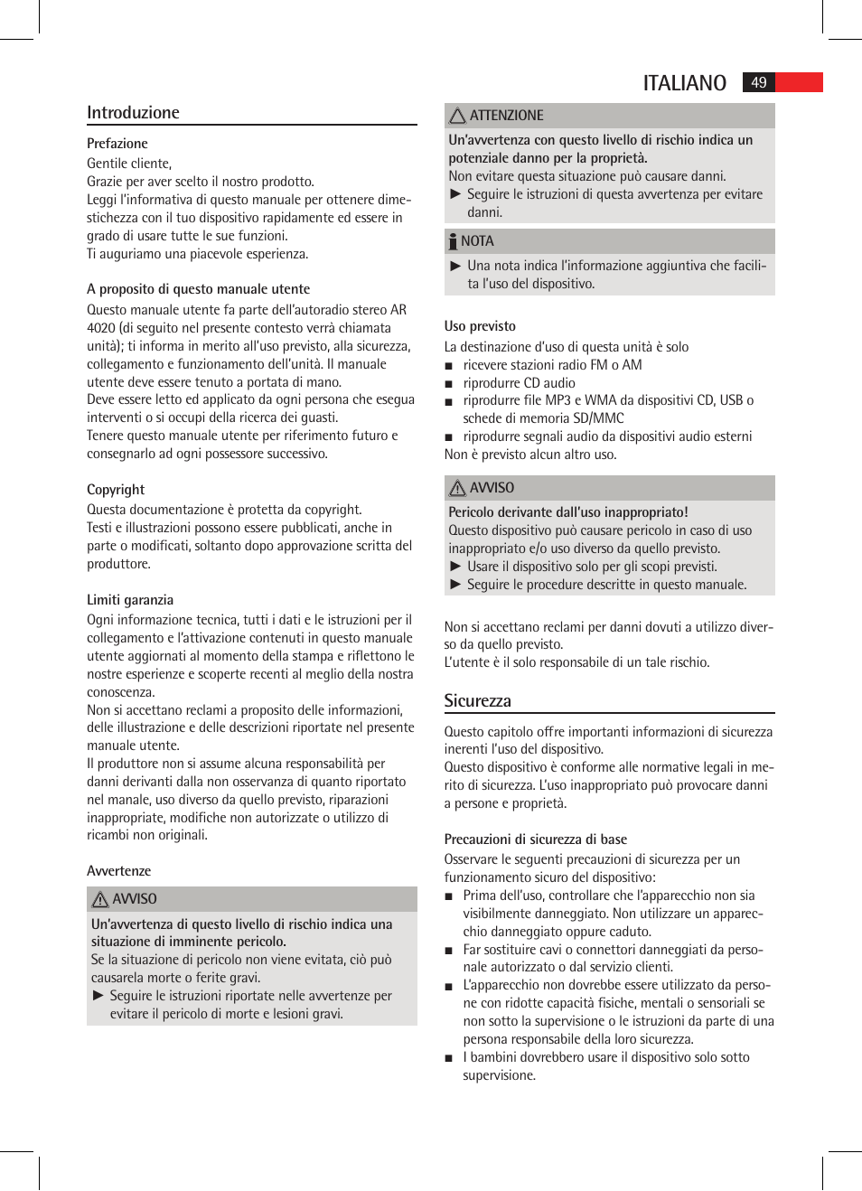 Italiano, Introduzione, Sicurezza | AEG AR 4020 User Manual | Page 49 / 90