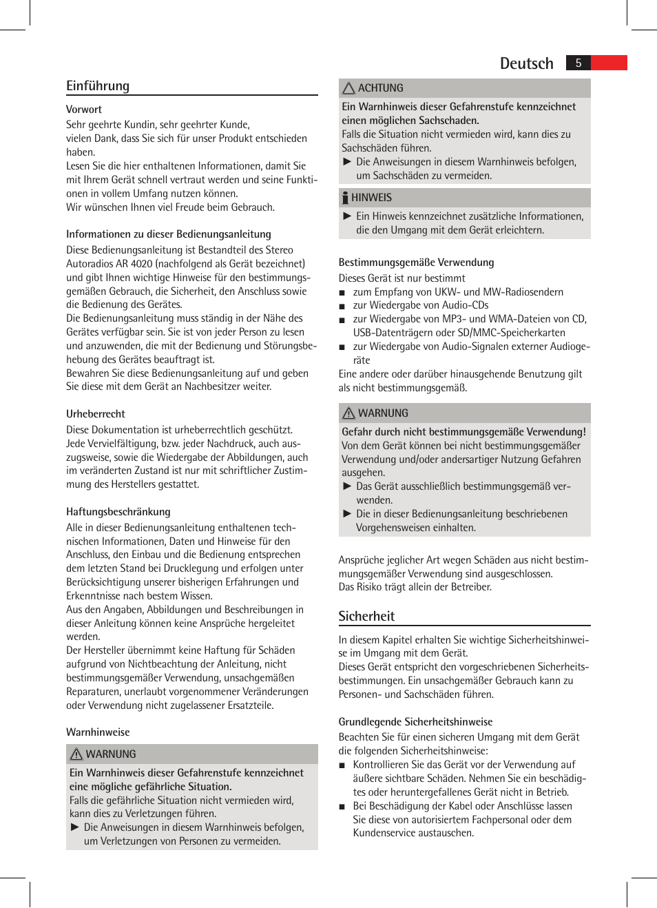 Deutsch, Einführung, Sicherheit | AEG AR 4020 User Manual | Page 5 / 90