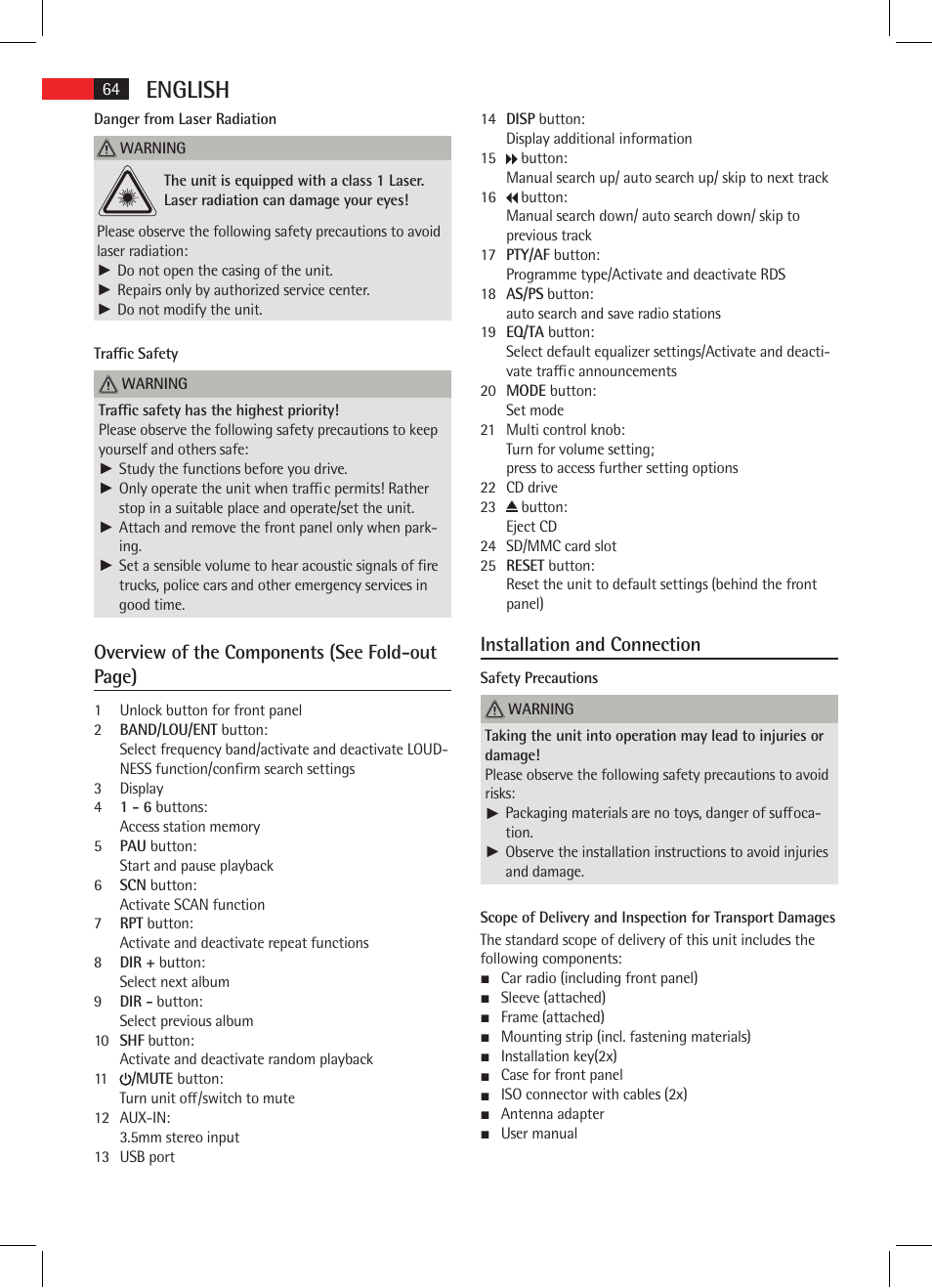 English, Overview of the components (see fold-out page), Installation and connection | AEG AR 4020 User Manual | Page 64 / 90