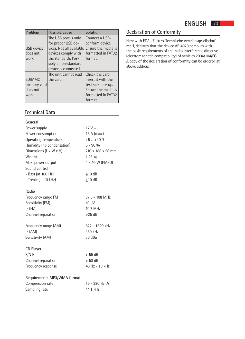 English, Technical data, Declaration of conformity | AEG AR 4020 User Manual | Page 73 / 90