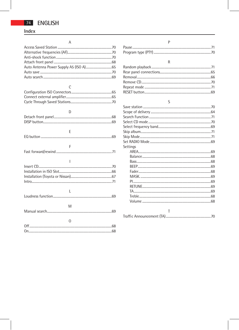 English, Index | AEG AR 4020 User Manual | Page 74 / 90