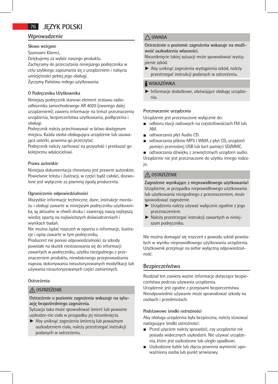 Język polski, Wprowadzenie, Bezpieczeństwo | AEG AR 4020 User Manual | Page 76 / 90