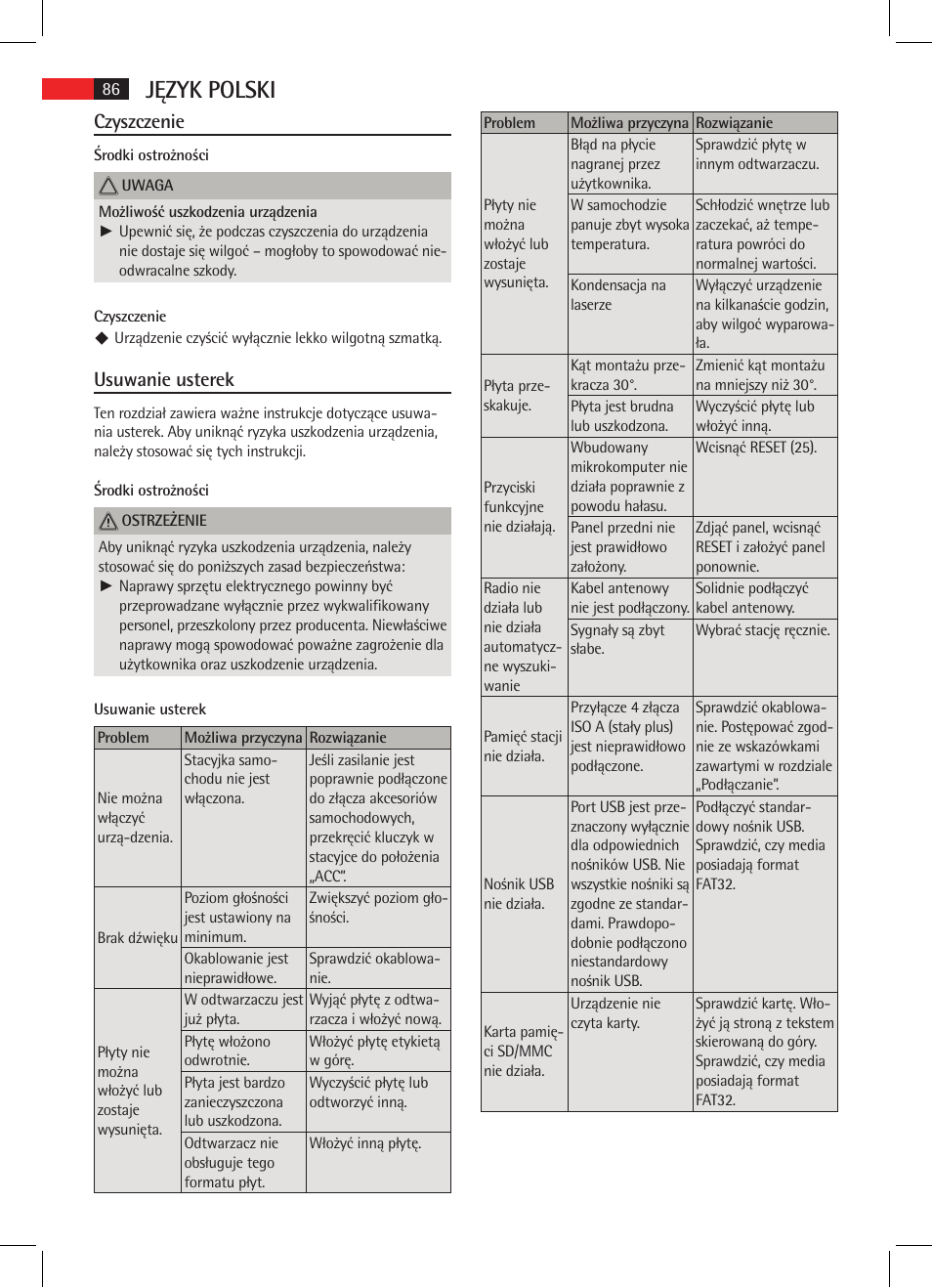 Język polski, Czyszczenie, Usuwanie usterek | AEG AR 4020 User Manual | Page 86 / 90
