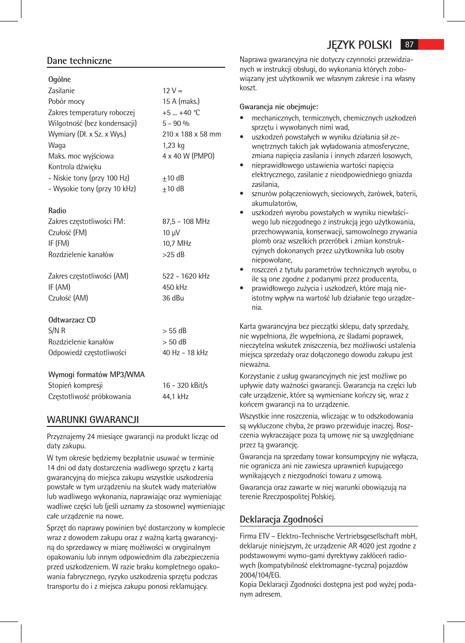 Język polski, Dane techniczne, Warunki gwarancji | Deklaracja zgodności | AEG AR 4020 User Manual | Page 87 / 90