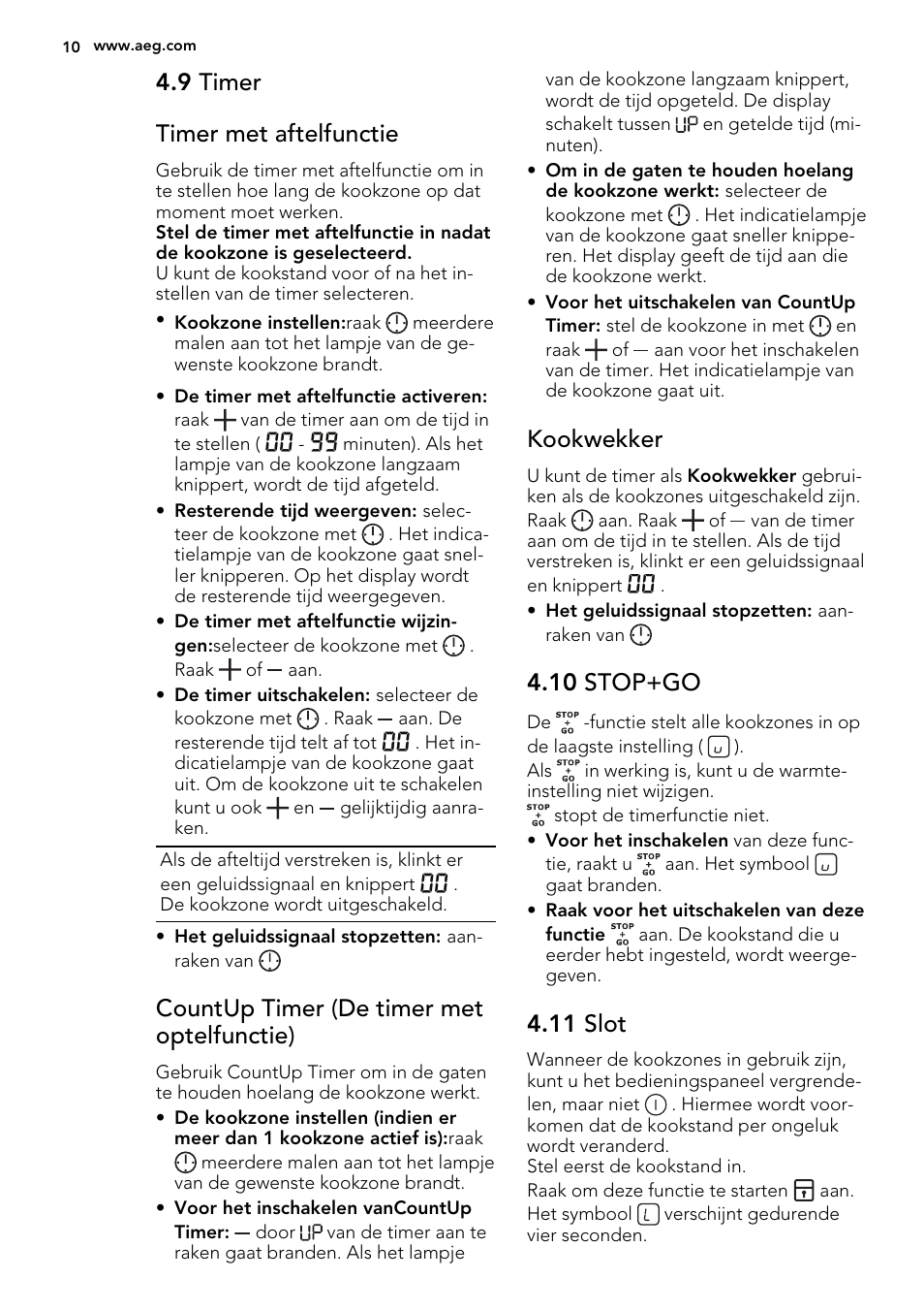 9 timer timer met aftelfunctie, Countup timer (de timer met optelfunctie), Kookwekker | 10 stop+go, 11 slot | AEG HK855200IB User Manual | Page 10 / 80
