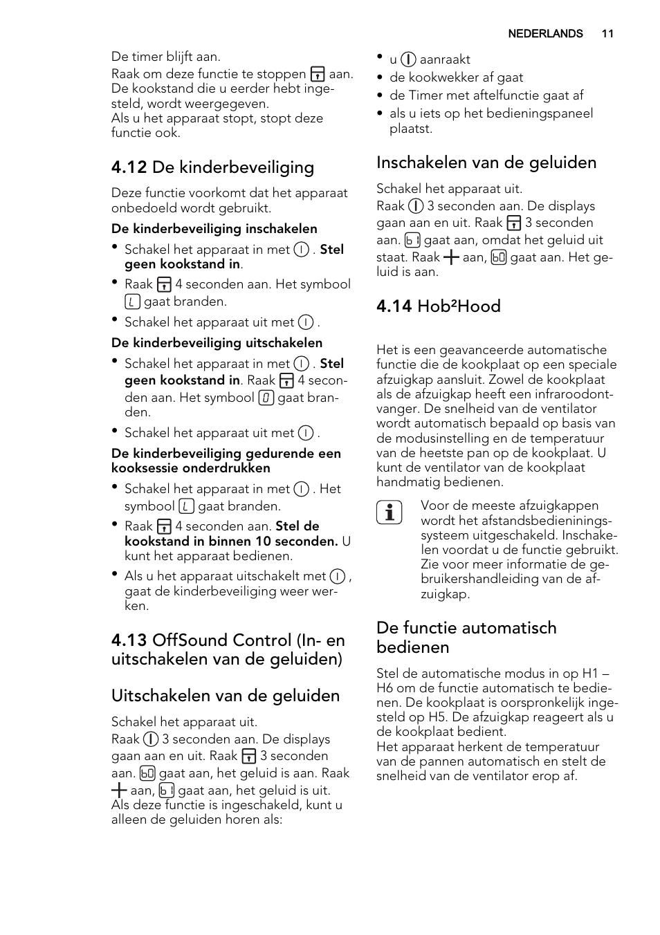 12 de kinderbeveiliging, Inschakelen van de geluiden, 14 hob²hood | De functie automatisch bedienen | AEG HK855200IB User Manual | Page 11 / 80