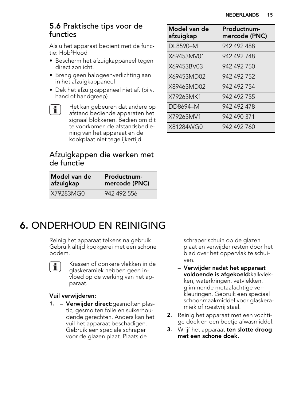 Onderhoud en reiniging, 6 praktische tips voor de functies, Afzuigkappen die werken met de functie | AEG HK855200IB User Manual | Page 15 / 80