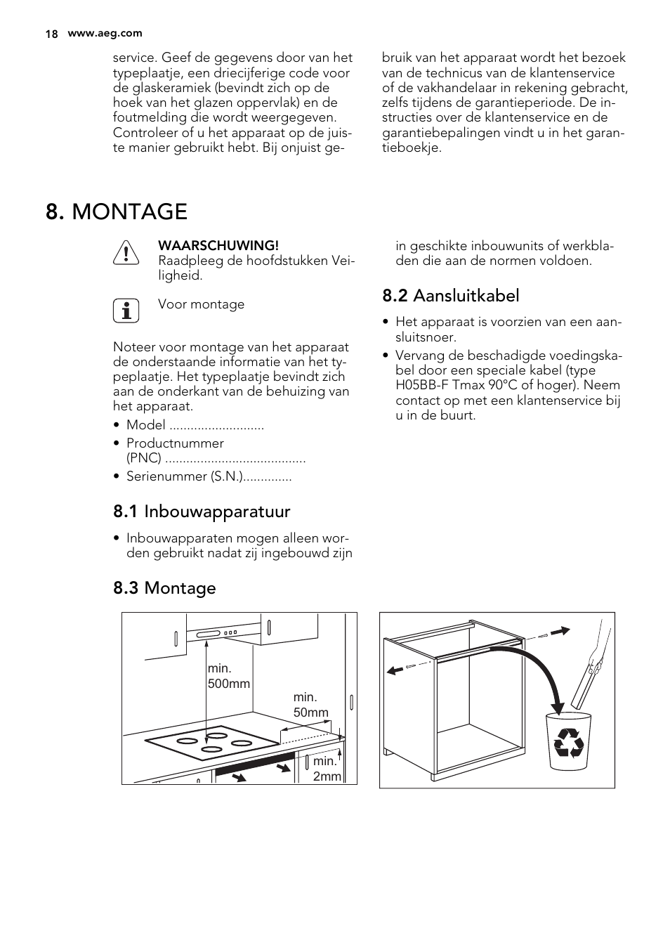 Montage, 1 inbouwapparatuur, 2 aansluitkabel | 3 montage | AEG HK855200IB User Manual | Page 18 / 80