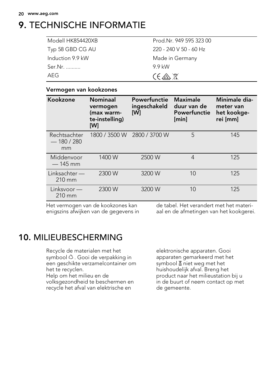 Technische informatie, Milieubescherming | AEG HK855200IB User Manual | Page 20 / 80