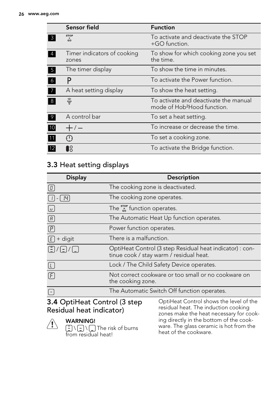 3 heat setting displays | AEG HK855200IB User Manual | Page 26 / 80