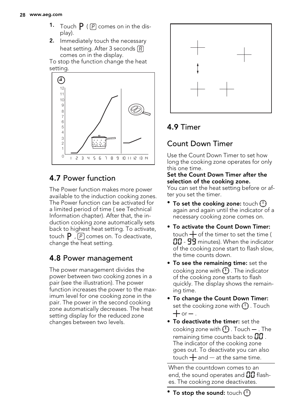 7 power function, 8 power management, 9 timer count down timer | AEG HK855200IB User Manual | Page 28 / 80