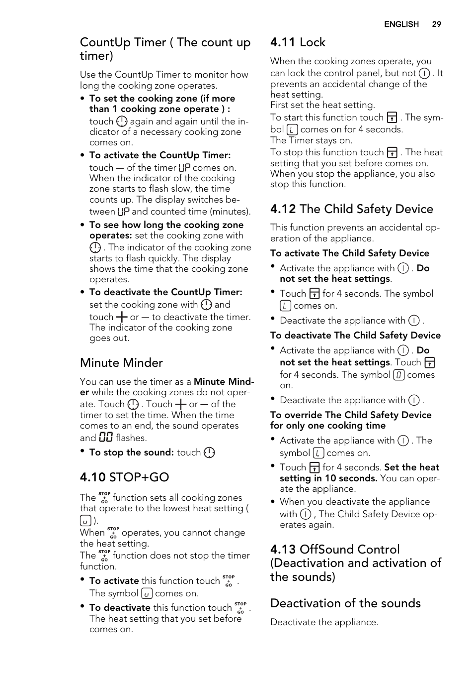 Countup timer ( the count up timer), Minute minder, 10 stop+go | 11 lock, 12 the child safety device | AEG HK855200IB User Manual | Page 29 / 80