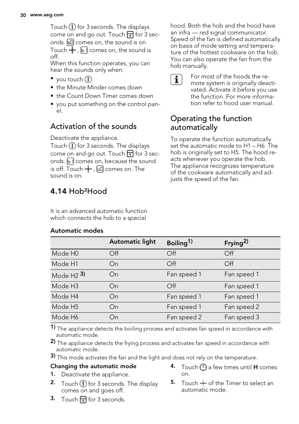 Activation of the sounds, 14 hob²hood, Operating the function automatically | AEG HK855200IB User Manual | Page 30 / 80