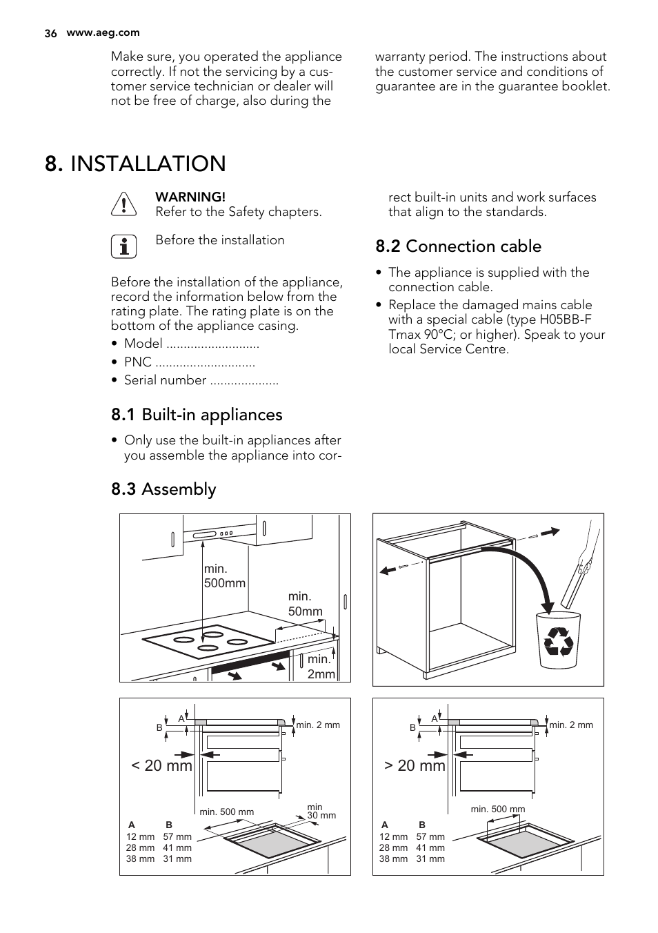 Installation, 1 built-in appliances, 2 connection cable | 3 assembly, 20 mm | AEG HK855200IB User Manual | Page 36 / 80