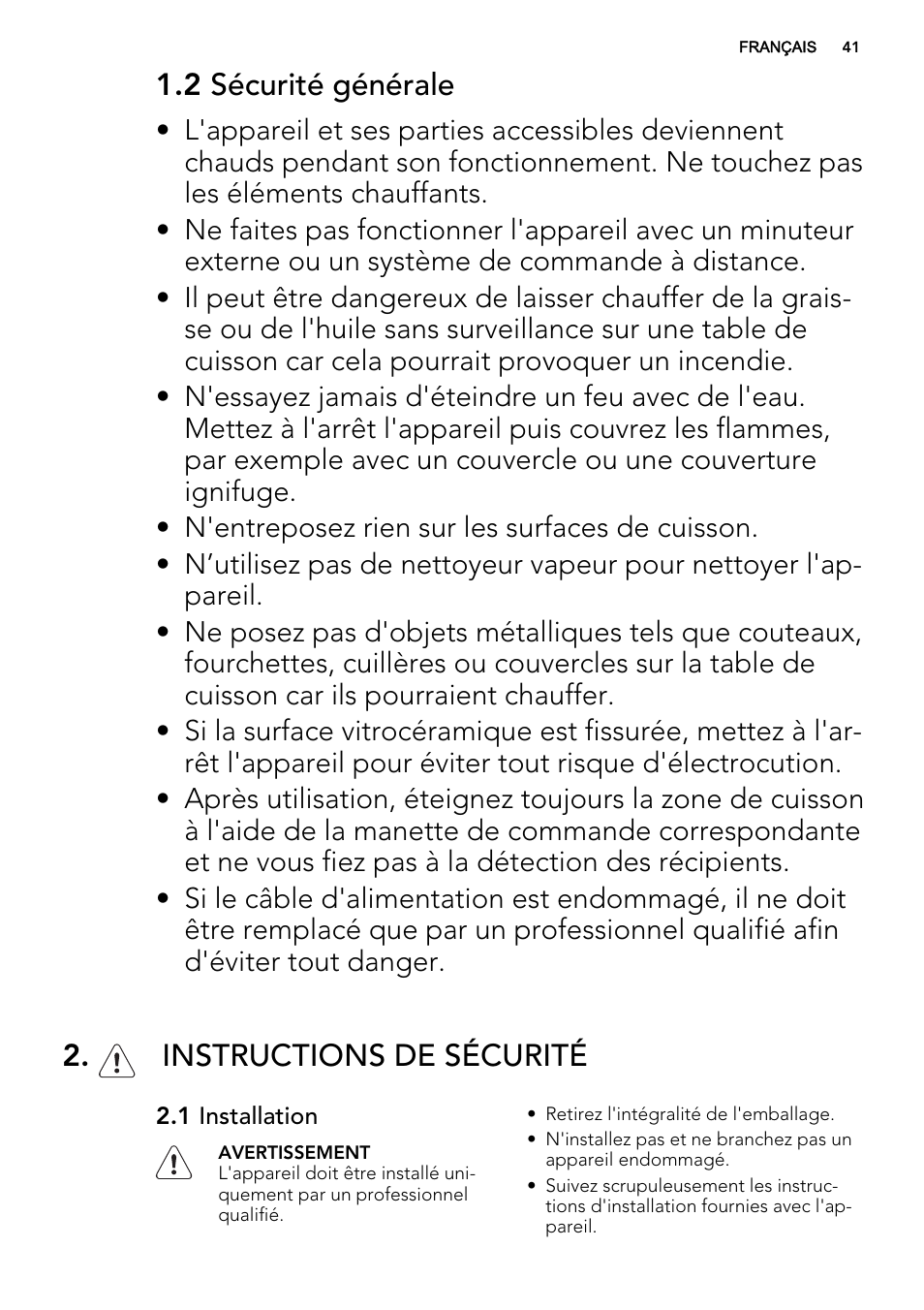 2 sécurité générale, Instructions de sécurité | AEG HK855200IB User Manual | Page 41 / 80