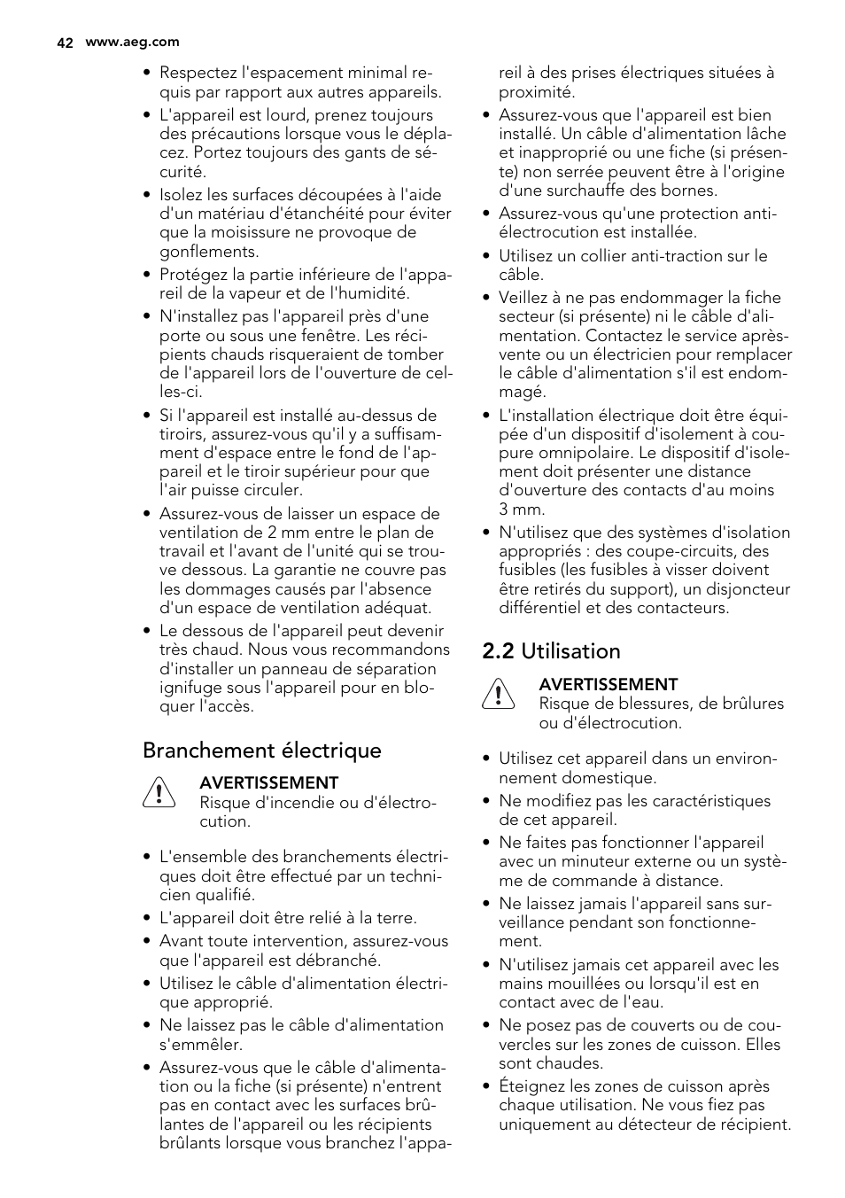 Branchement électrique, 2 utilisation | AEG HK855200IB User Manual | Page 42 / 80