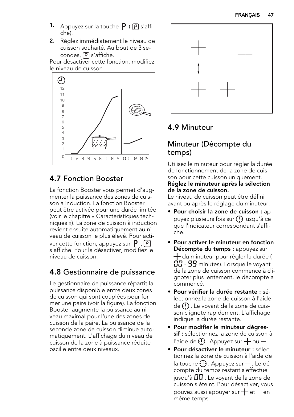 7 fonction booster, 8 gestionnaire de puissance, 9 minuteur minuteur (décompte du temps) | AEG HK855200IB User Manual | Page 47 / 80