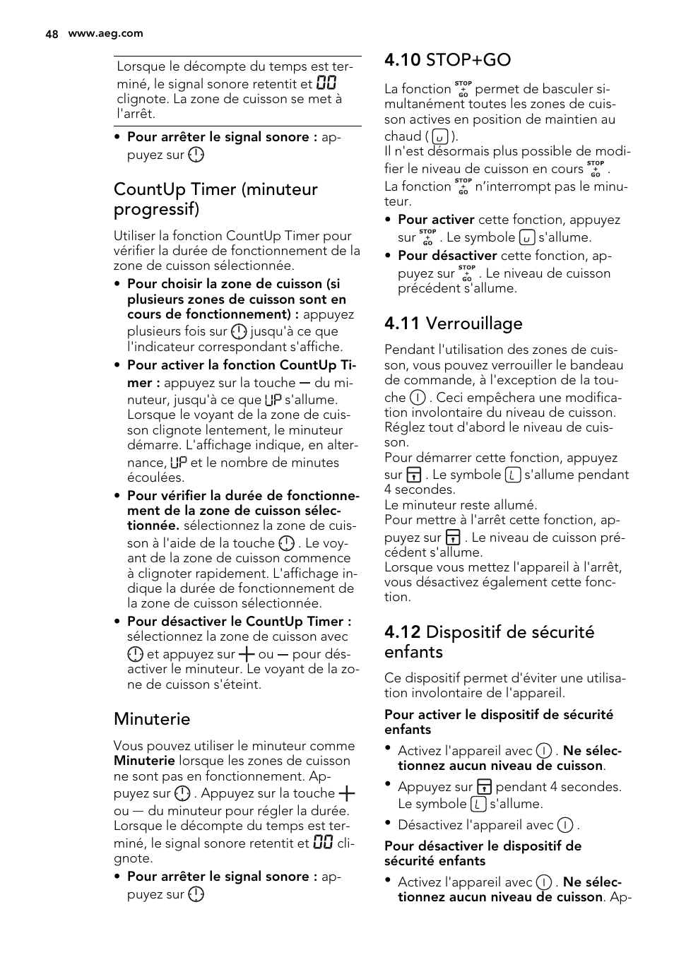 Countup timer (minuteur progressif), Minuterie, 10 stop+go | 11 verrouillage, 12 dispositif de sécurité enfants | AEG HK855200IB User Manual | Page 48 / 80