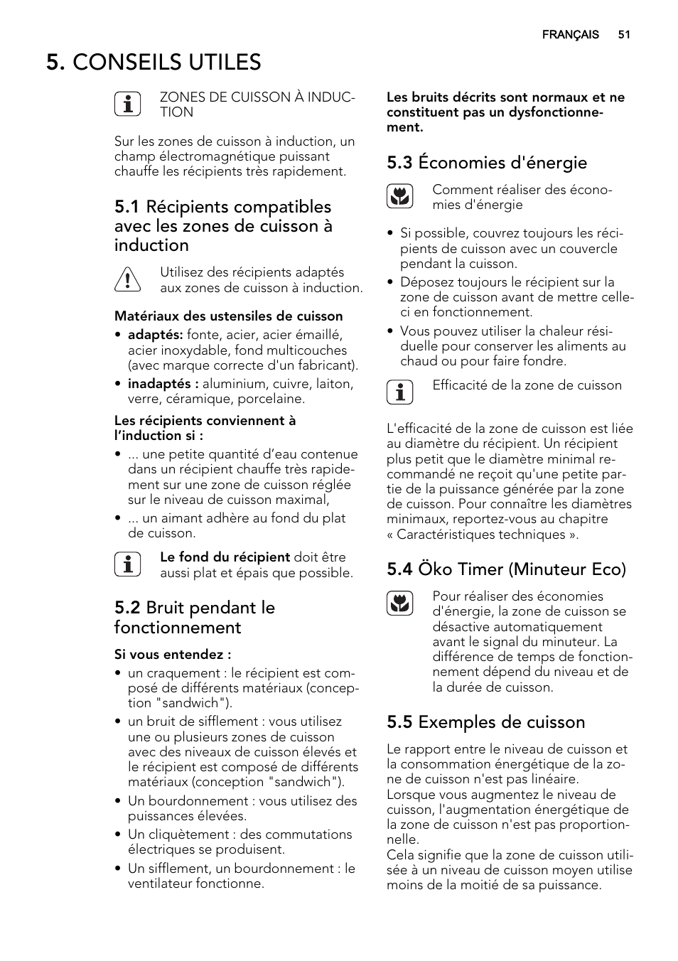 Conseils utiles, 2 bruit pendant le fonctionnement, 3 économies d'énergie | 4 öko timer (minuteur eco), 5 exemples de cuisson | AEG HK855200IB User Manual | Page 51 / 80