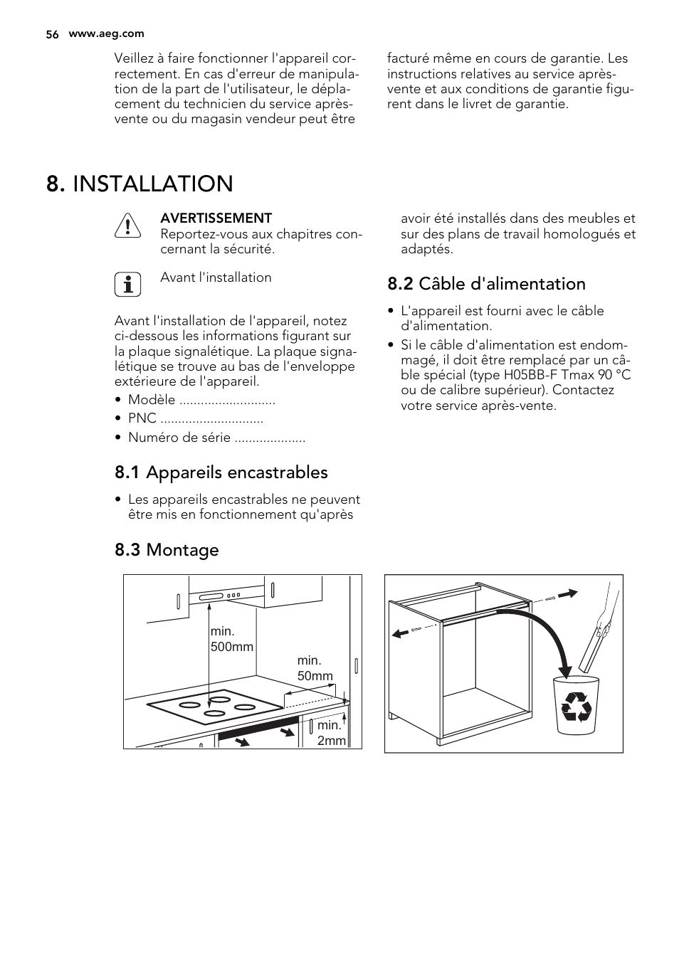 Installation, 1 appareils encastrables, 2 câble d'alimentation | 3 montage | AEG HK855200IB User Manual | Page 56 / 80