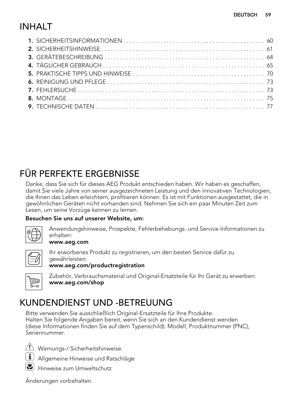 Inhalt, Für perfekte ergebnisse, Kundendienst und -betreuung | AEG HK855200IB User Manual | Page 59 / 80