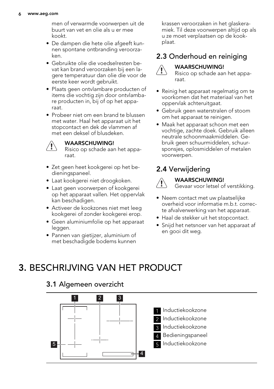 Beschrijving van het product, 3 onderhoud en reiniging, 4 verwijdering | 1 algemeen overzicht | AEG HK855200IB User Manual | Page 6 / 80