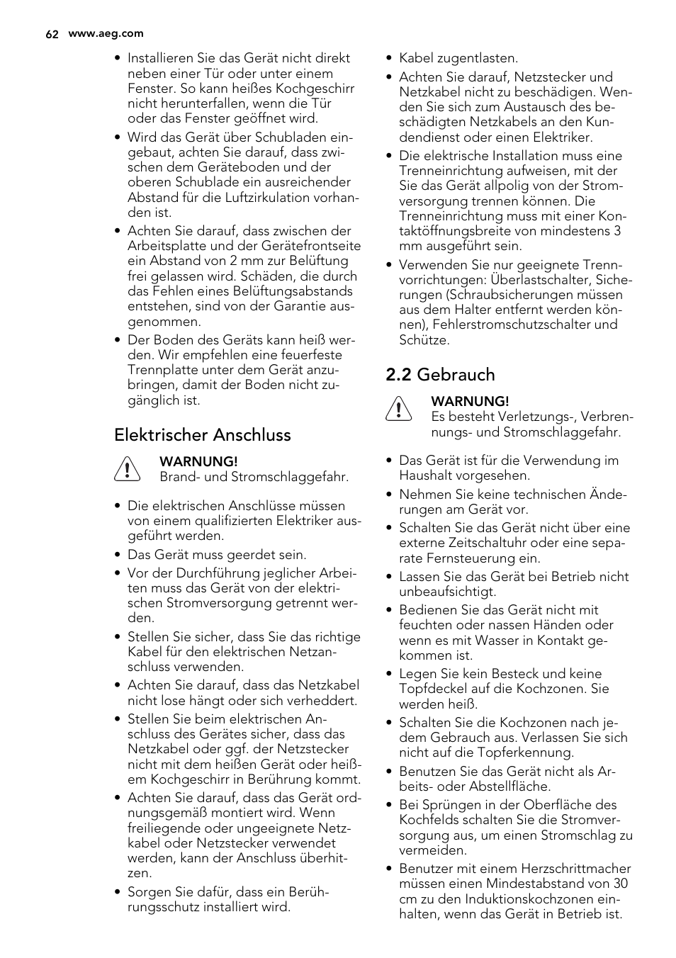 Elektrischer anschluss, 2 gebrauch | AEG HK855200IB User Manual | Page 62 / 80