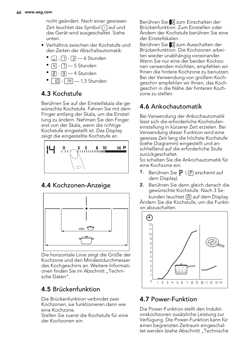 3 kochstufe, 4 kochzonen-anzeige, 5 brückenfunktion | 6 ankochautomatik, 7 power-funktion | AEG HK855200IB User Manual | Page 66 / 80