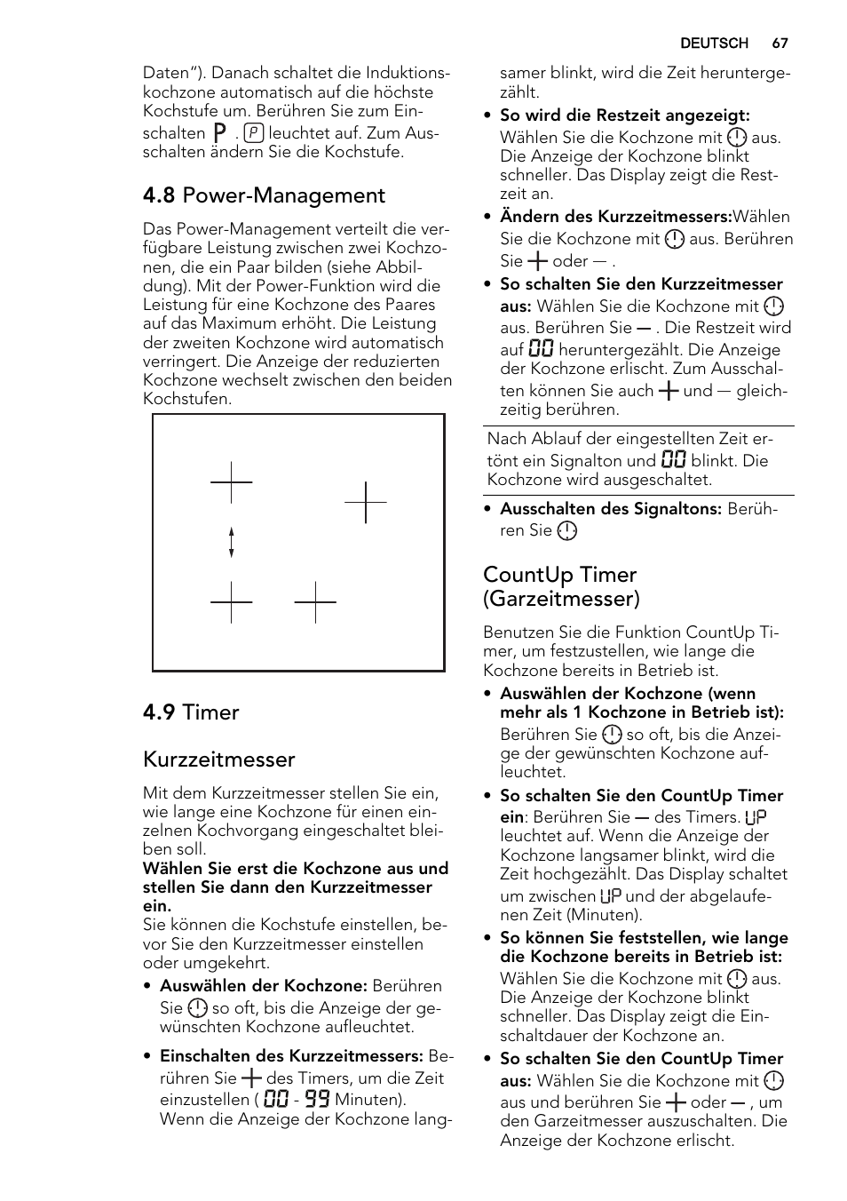 8 power-management, 9 timer kurzzeitmesser, Countup timer (garzeitmesser) | AEG HK855200IB User Manual | Page 67 / 80