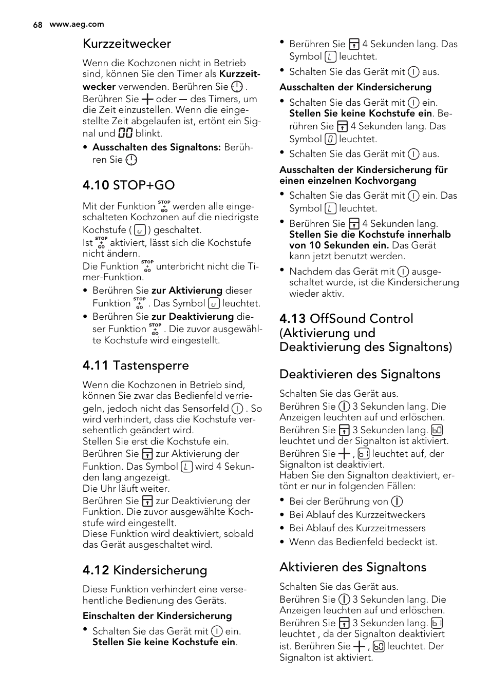 Kurzzeitwecker, 10 stop+go, 11 tastensperre | 12 kindersicherung, Aktivieren des signaltons | AEG HK855200IB User Manual | Page 68 / 80