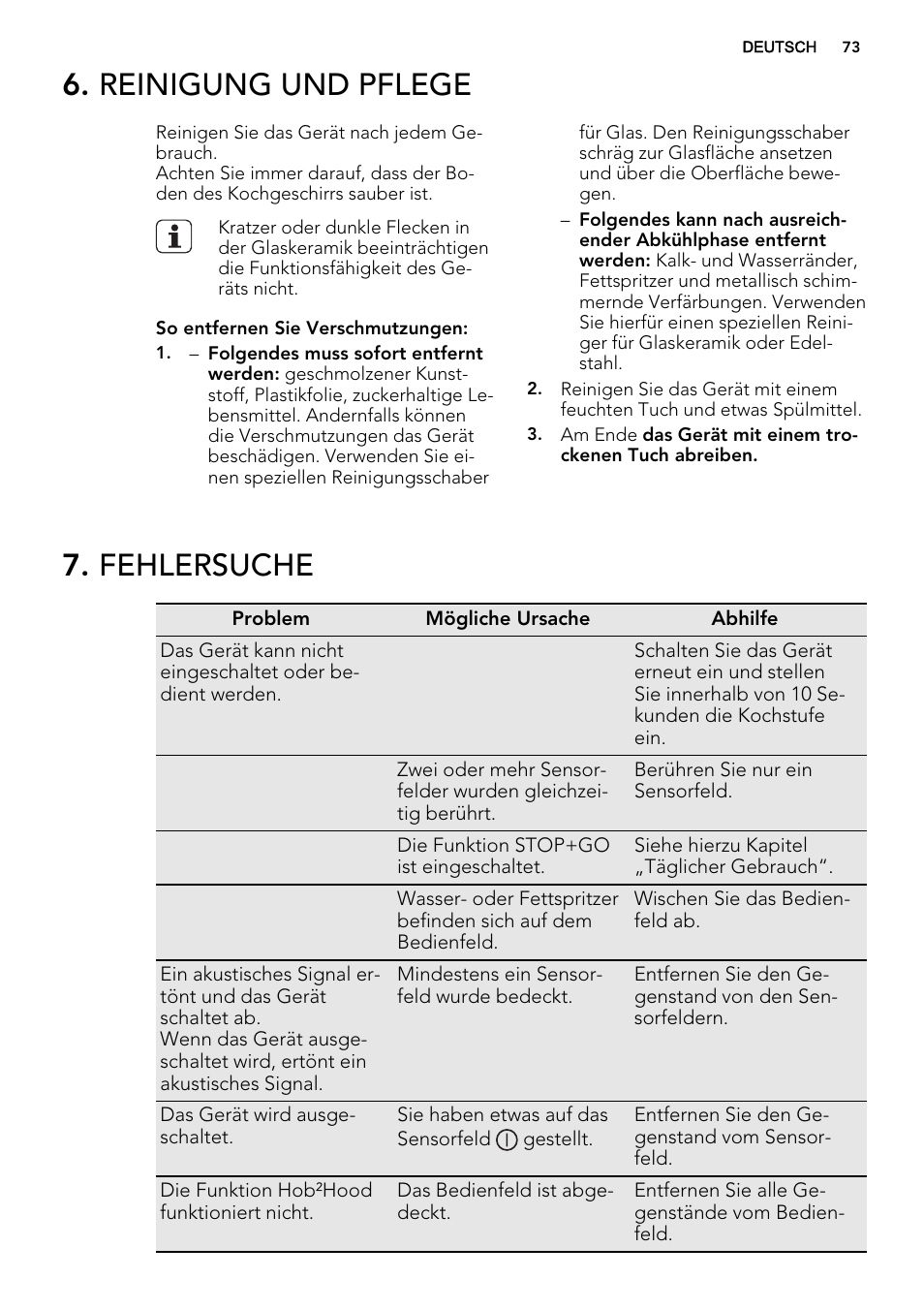 Reinigung und pflege, Fehlersuche | AEG HK855200IB User Manual | Page 73 / 80