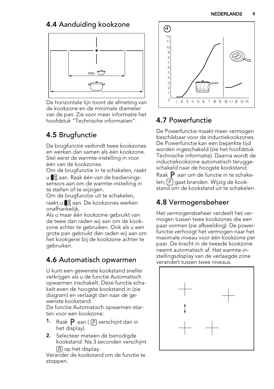 4 aanduiding kookzone, 5 brugfunctie, 6 automatisch opwarmen | 7 powerfunctie, 8 vermogensbeheer | AEG HK855200IB User Manual | Page 9 / 80