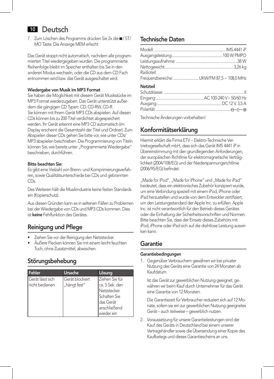 Deutsch, Reinigung und pflege, Störungsbehebung | Technische daten, Konformitätserklärung, Garantie | AEG IMS 4441 User Manual | Page 10 / 34