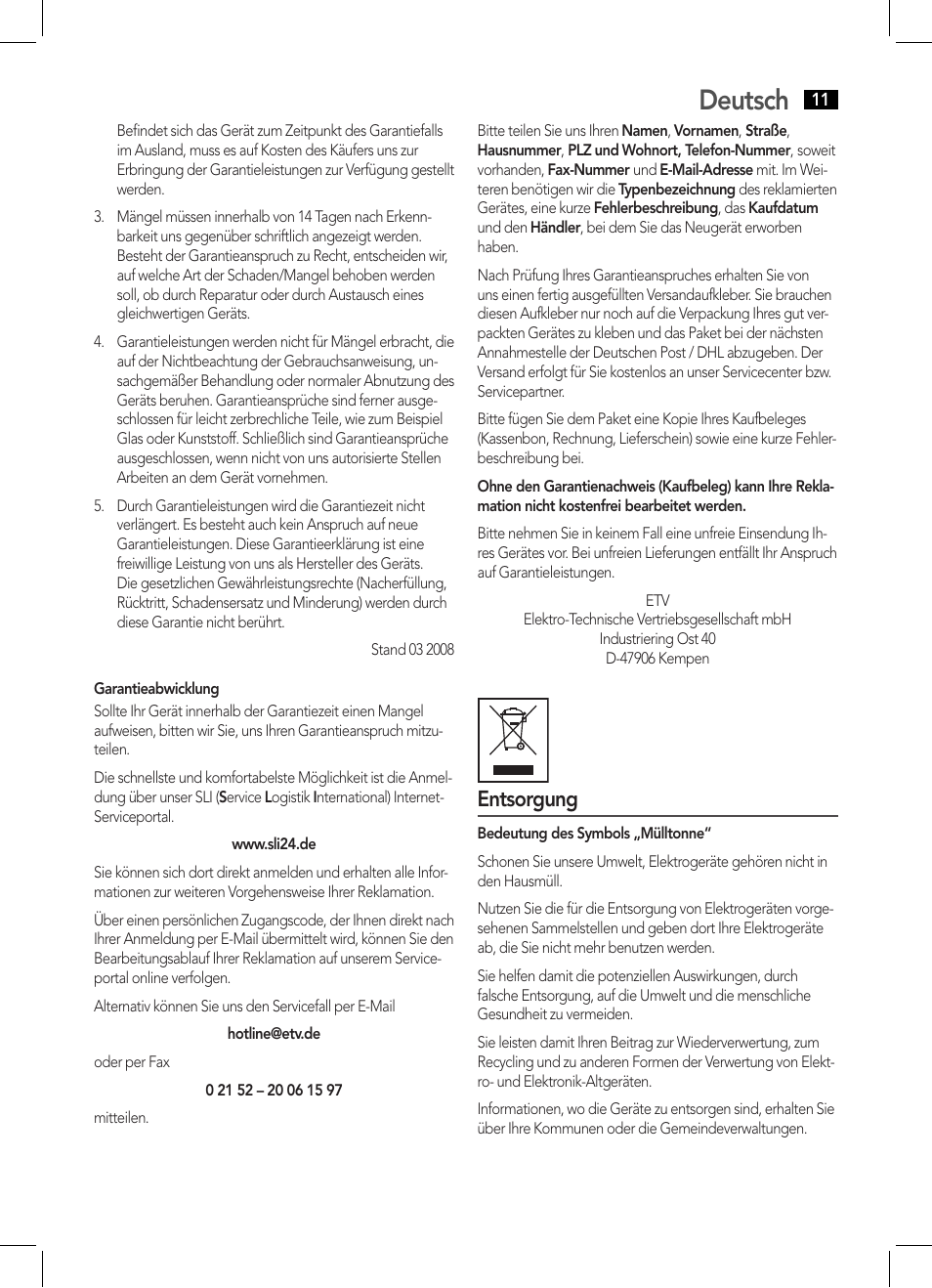 Deutsch, Entsorgung | AEG IMS 4441 User Manual | Page 11 / 34