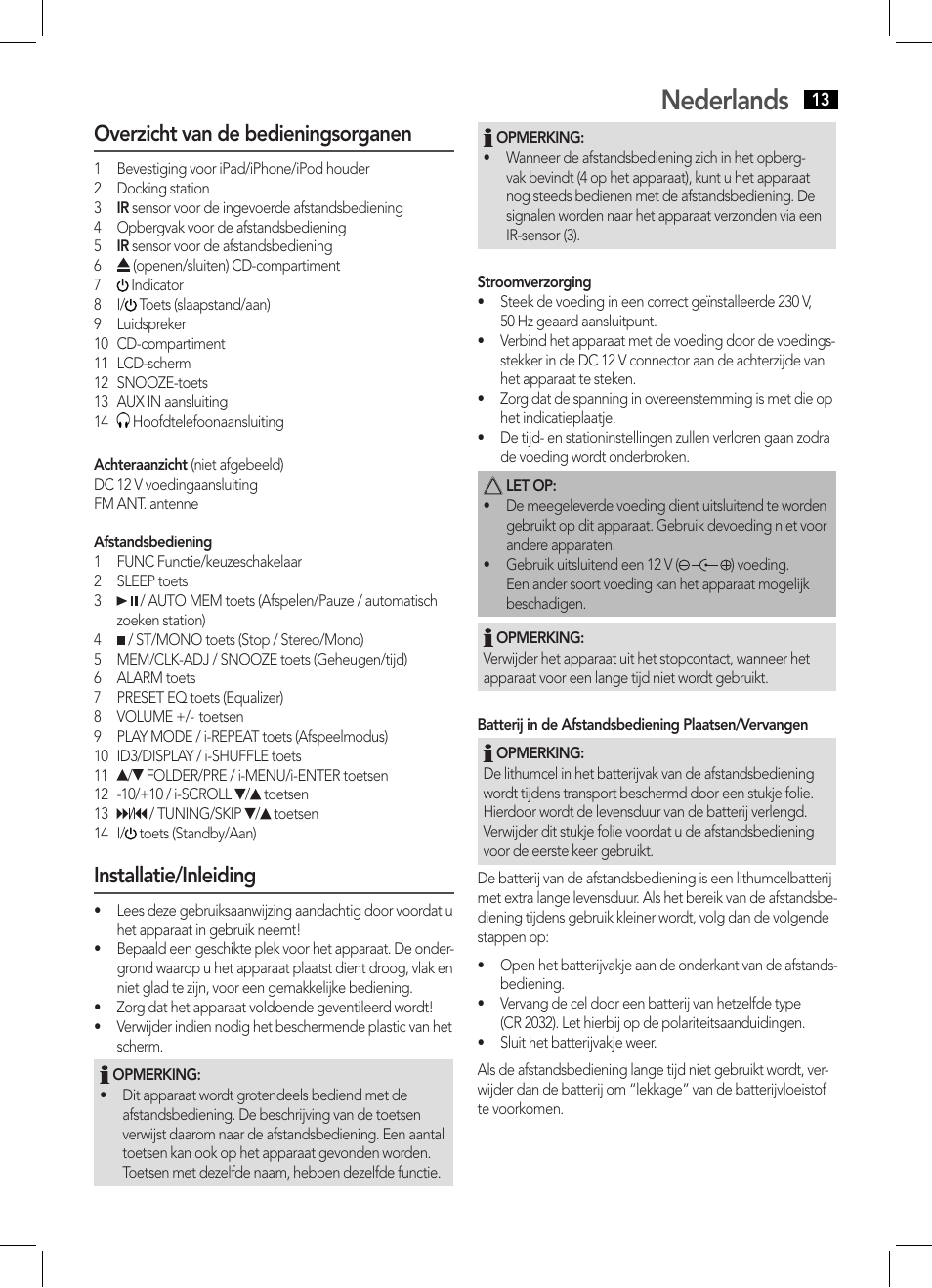 Nederlands, Overzicht van de bedieningsorganen, Installatie/inleiding | AEG IMS 4441 User Manual | Page 13 / 34
