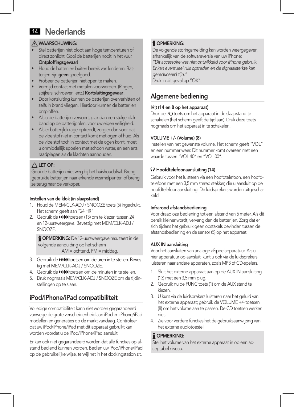 Nederlands, Ipod/iphone/ipad compatibiliteit, Algemene bediening | AEG IMS 4441 User Manual | Page 14 / 34
