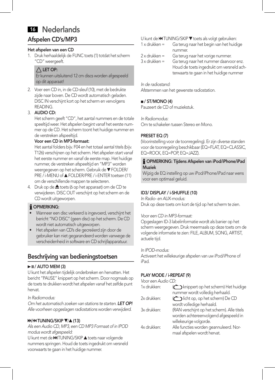 Nederlands, Afspelen cd’s/mp3, Beschrijving van bedieningstoetsen | AEG IMS 4441 User Manual | Page 16 / 34