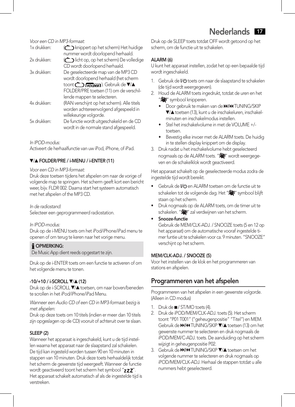 Nederlands, Programmeren van het afspelen | AEG IMS 4441 User Manual | Page 17 / 34