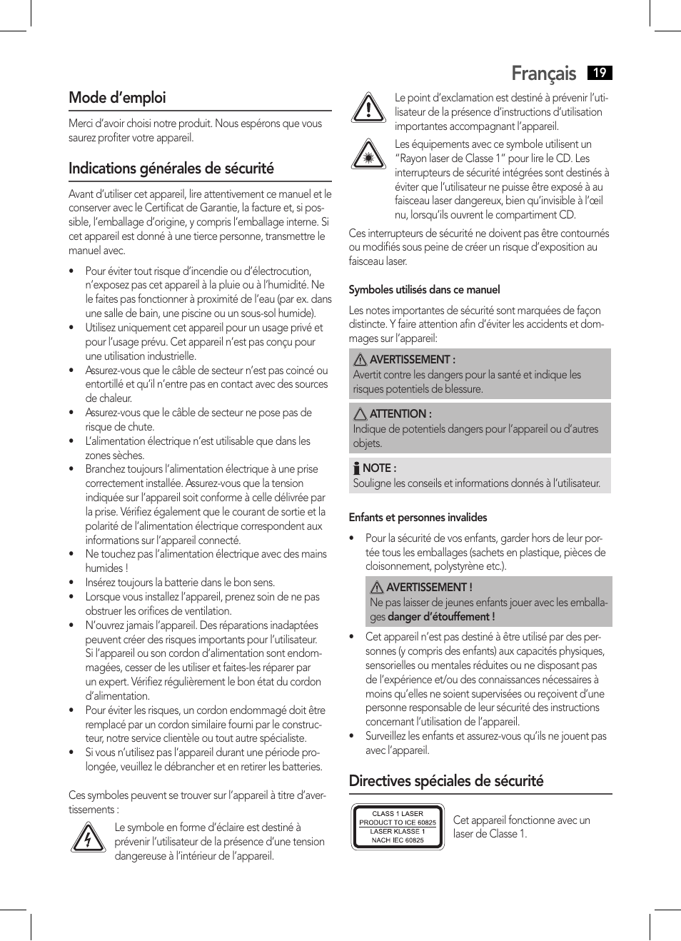 Français, Mode d’emploi, Indications générales de sécurité | Directives spéciales de sécurité | AEG IMS 4441 User Manual | Page 19 / 34