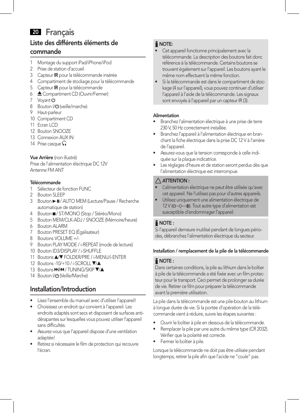 Français, Liste des différents éléments de commande, Installation/introduction | AEG IMS 4441 User Manual | Page 20 / 34