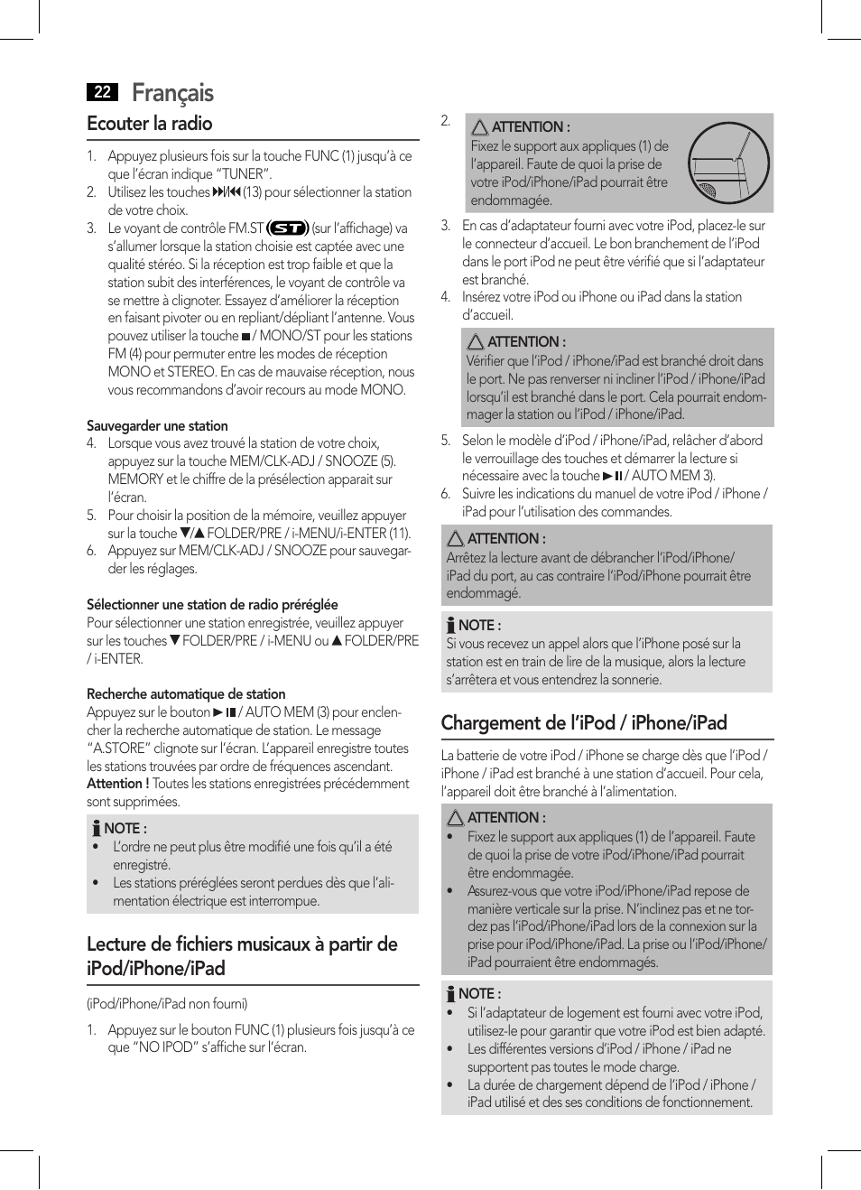 Français, Ecouter la radio, Chargement de l’ipod / iphone/ipad | AEG IMS 4441 User Manual | Page 22 / 34