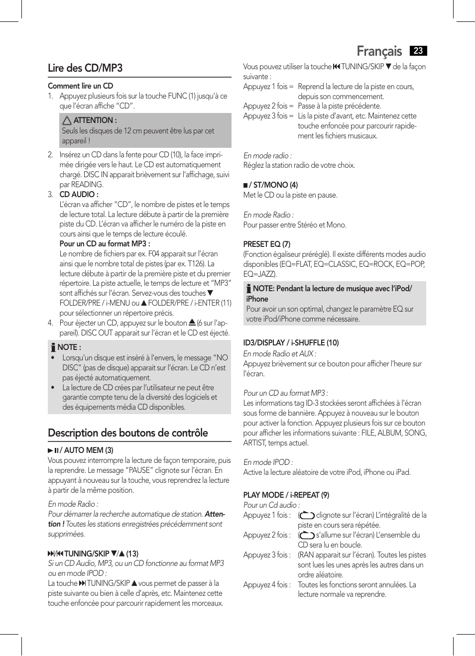 Français, Lire des cd/mp3, Description des boutons de contrôle | AEG IMS 4441 User Manual | Page 23 / 34