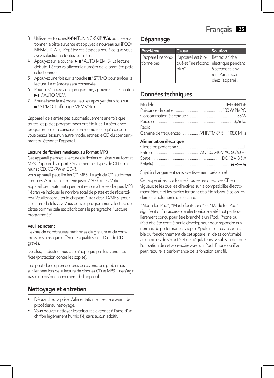 Français, Nettoyage et entretien, Dépannage | Données techniques | AEG IMS 4441 User Manual | Page 25 / 34