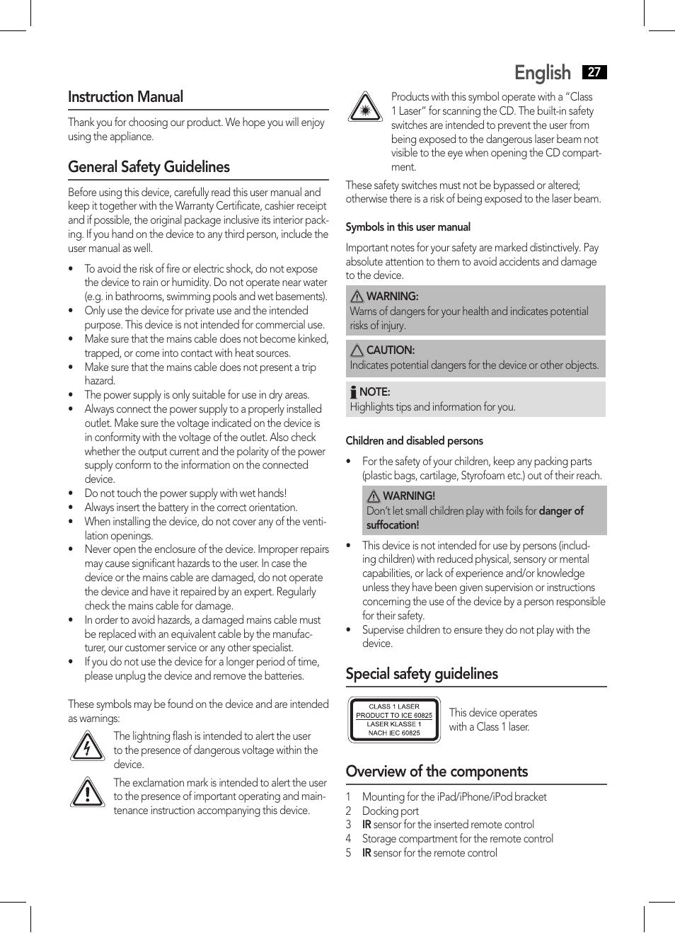 English, Instruction manual, General safety guidelines | Special safety guidelines, Overview of the components | AEG IMS 4441 User Manual | Page 27 / 34