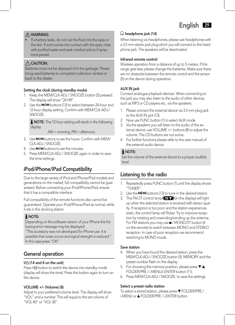 English, Ipod/iphone/ipad compatibility, General operation | Listening to the radio | AEG IMS 4441 User Manual | Page 29 / 34