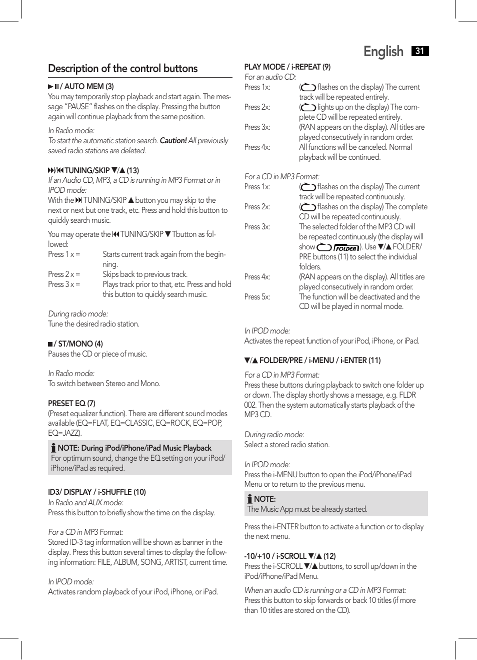 English, Description of the control buttons | AEG IMS 4441 User Manual | Page 31 / 34