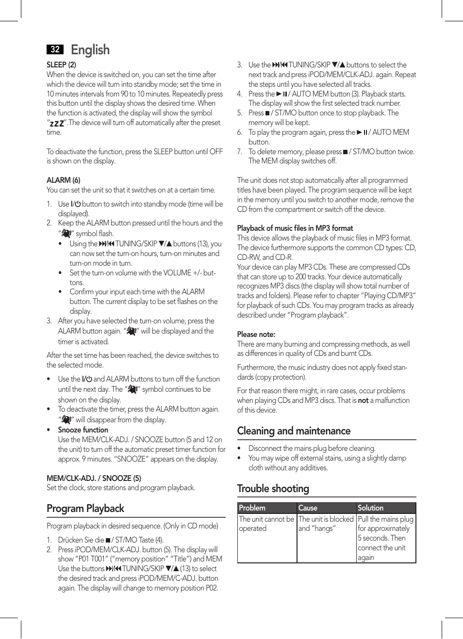 English, Program playback, Cleaning and maintenance | Trouble shooting | AEG IMS 4441 User Manual | Page 32 / 34