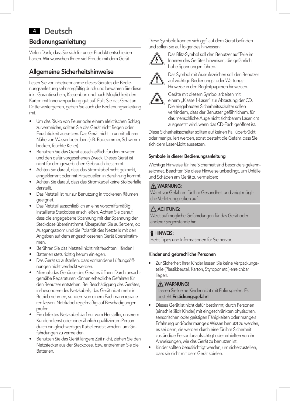 Deutsch, Bedienungsanleitung, Allgemeine sicherheitshinweise | AEG IMS 4441 User Manual | Page 4 / 34